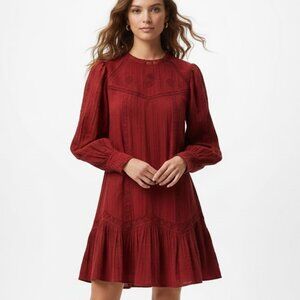 Zar Embroidered Mini Dress Red Burgundy Gauze Peasant Medium Like New